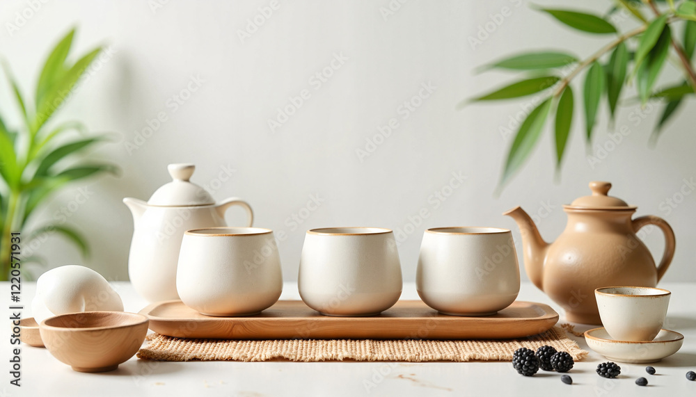 Tea set with cups and teapot on wooden tray Tea set with cups and teapot on wooden tray