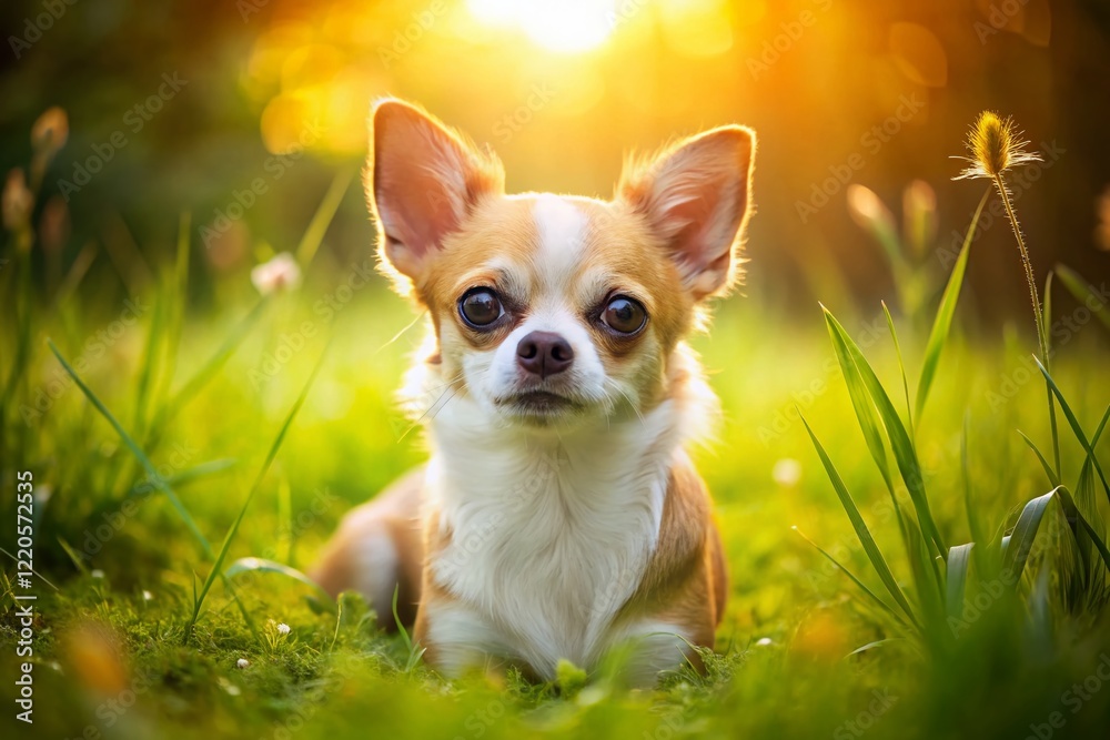 Adorable Chihuahua Puppy Relaxing in Lush Green Grass - Long Exposure Photo Adorable Chihuahua Puppy Relaxing in Lush Green Grass - Long Exposure Photo