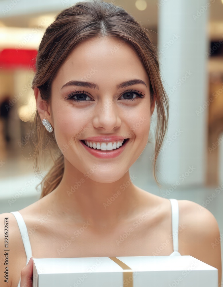 Naklejka premium portrait of a woman holding a giftbox, city urban background