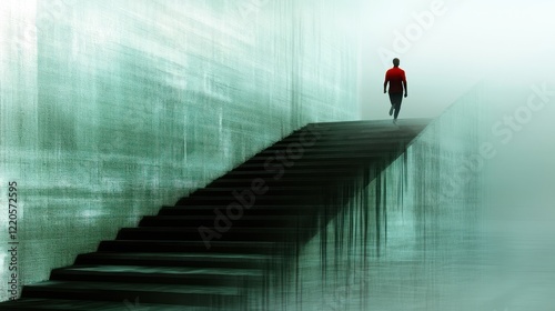 A sports man runs up the stairs outside his house, taken from an angle that shows dynamic slow motion blur