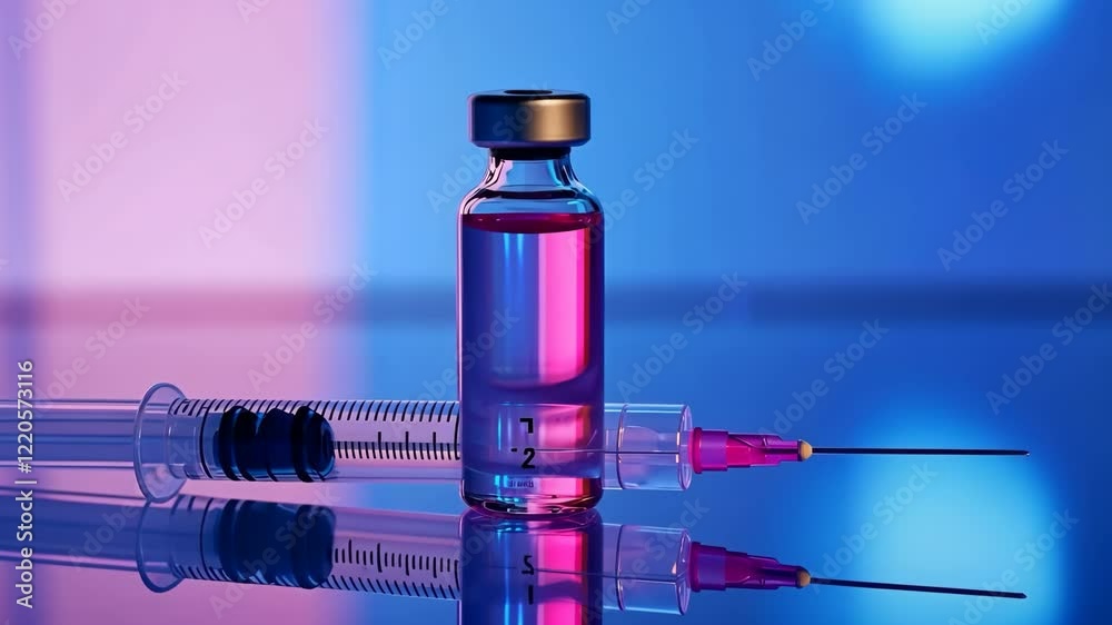 Glass ampoule with clear pink liquid and a syringe. Syringe next to the vial. Medicine bottle. Syringe of botulinum toxin, hualuronic, collagen or flu on a blue medical laboratory background. Close Up