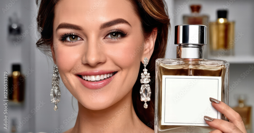 Fototapeta premium close-up portrait of a woman with perfect make up holding a bottle of perfume