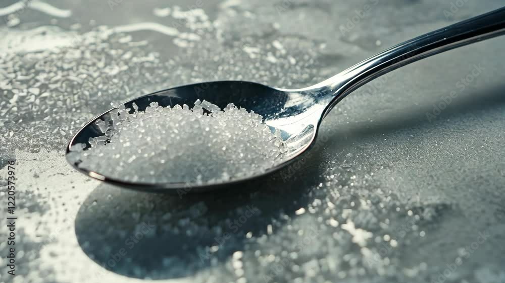 Close-up of a silver spoon with sugar on a wet surface capturing morning light