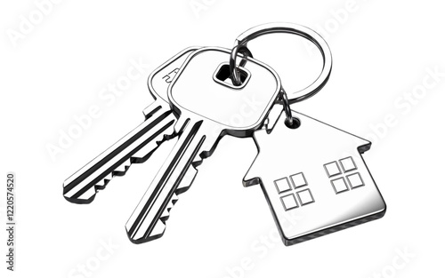  Set of Two Silver Keys with House-Shaped Keychain Pendant Isolated on Transparent Background PNG