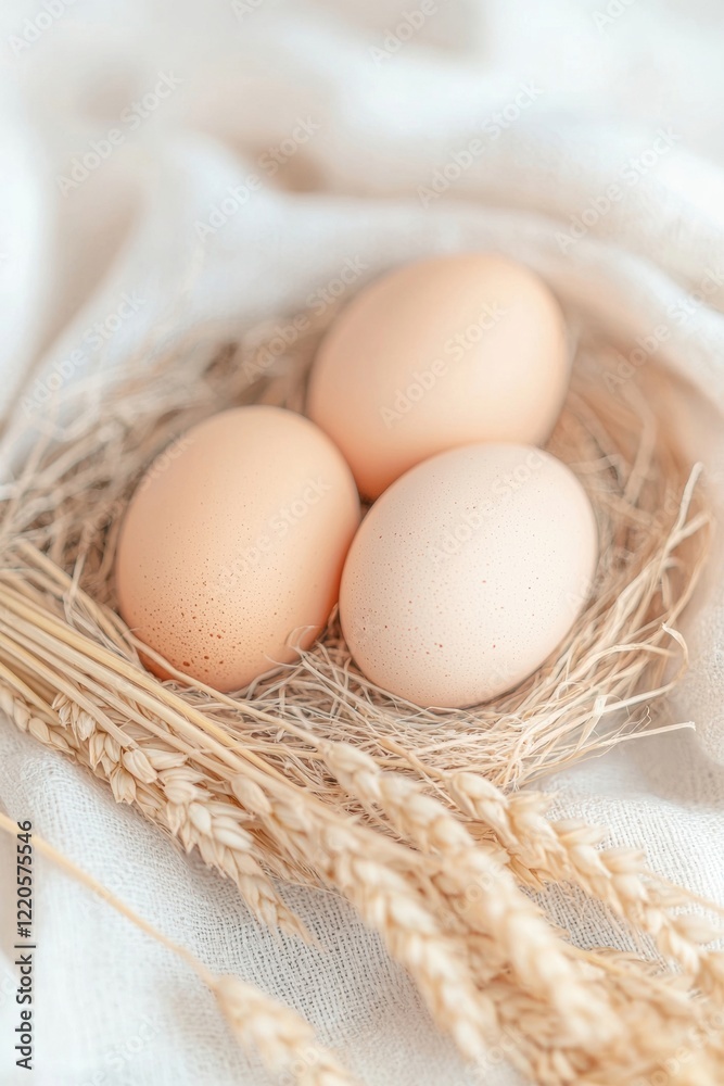 Fresh organic eggs nestled in a rustic straw nest, surrounded by golden wheat, perfect for farm or culinary themes. Fresh organic eggs nestled in a rustic straw nest, surrounded by golden wheat, perfect for farm or culinary themes.