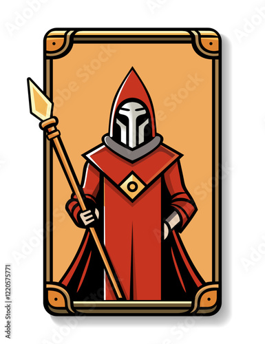 Vector illustration of a fantasy character in red robes and armor holding a spear, designed in a card game style with a decorative frame. Character for gaming or medieval themes.