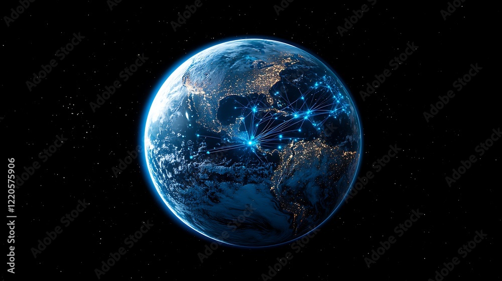 Naklejka premium A close up of the Earth at night glowing blue light