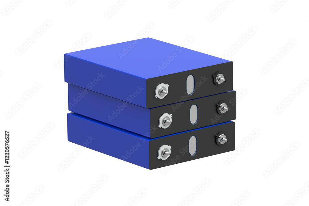 Obraz premium Stack of LiFePo4 cells isolated on white background. Prismatic modules for lithium iron phosphate battery. 3d render