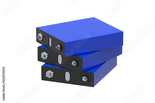Heap of LiFePo4 cells isolated on white background. Prismatic modules for lithium iron phosphate battery. 3d render