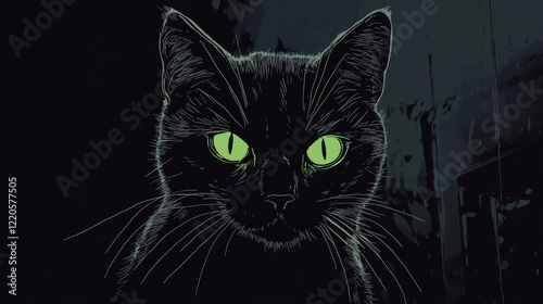 A monochrome black illustration of a cat, with neon green eyes glowing intensely against the dark backdrop 