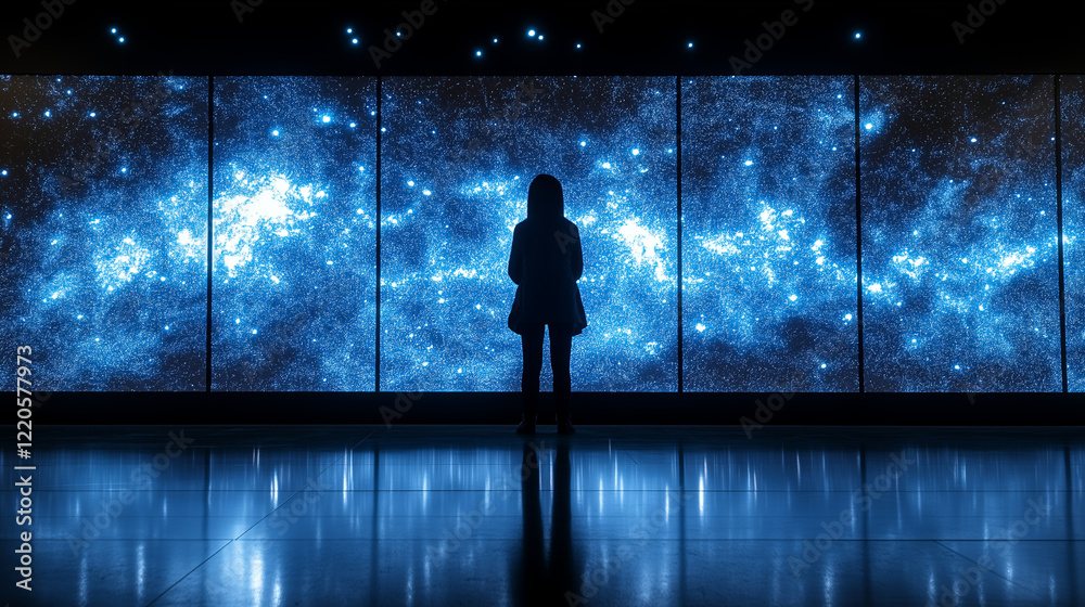 Fototapeta premium Exploring the universe a visitor's contemplation in a cosmic exhibit museum digital art indoor wide angle perspective