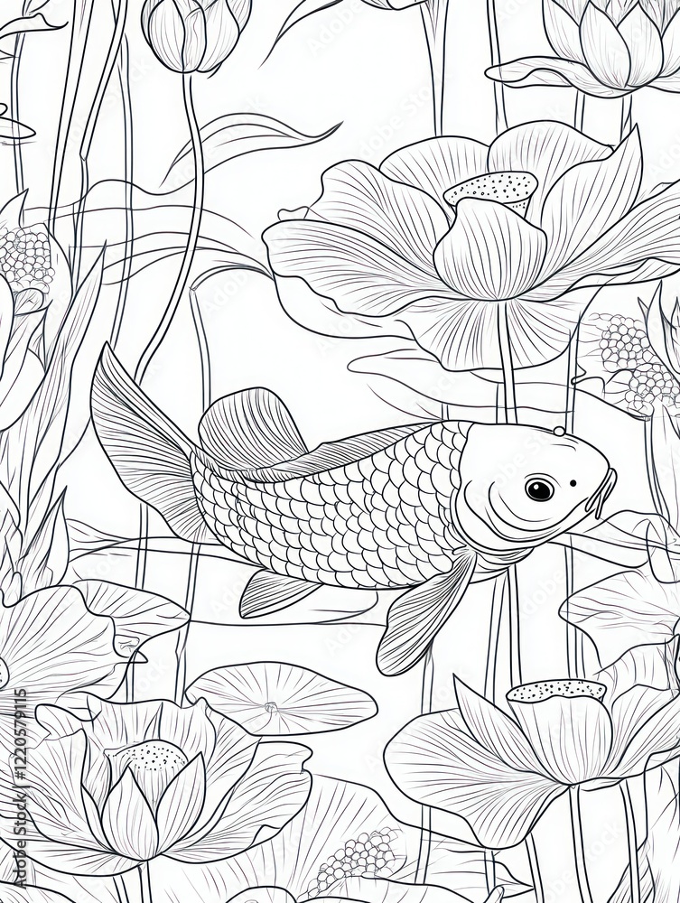 Fototapeta premium Elegant koi fish among blooming lotus flowers line art for coloring book pages