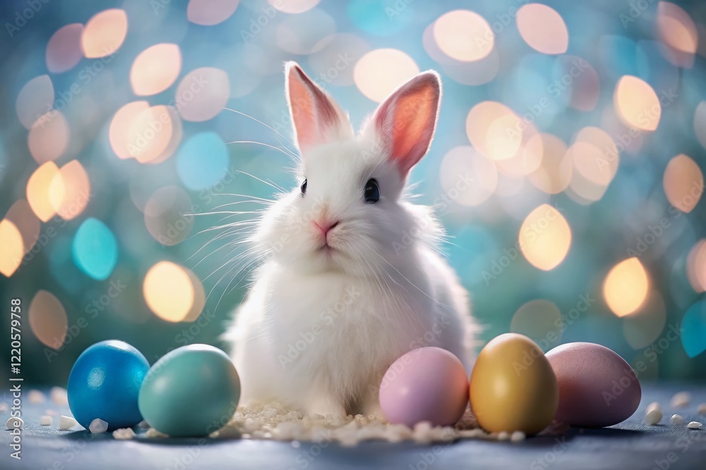 Fototapeta premium Adorable White Bunny Amidst Colorful Easter Eggs - Blue Bokeh Background