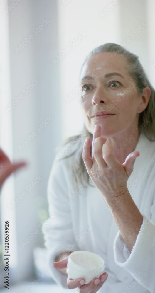 Vertical video: Applying face cream, mature woman in bathrobe caring for skin at home Vertical video: Applying face cream, mature woman in bathrobe caring for skin at home