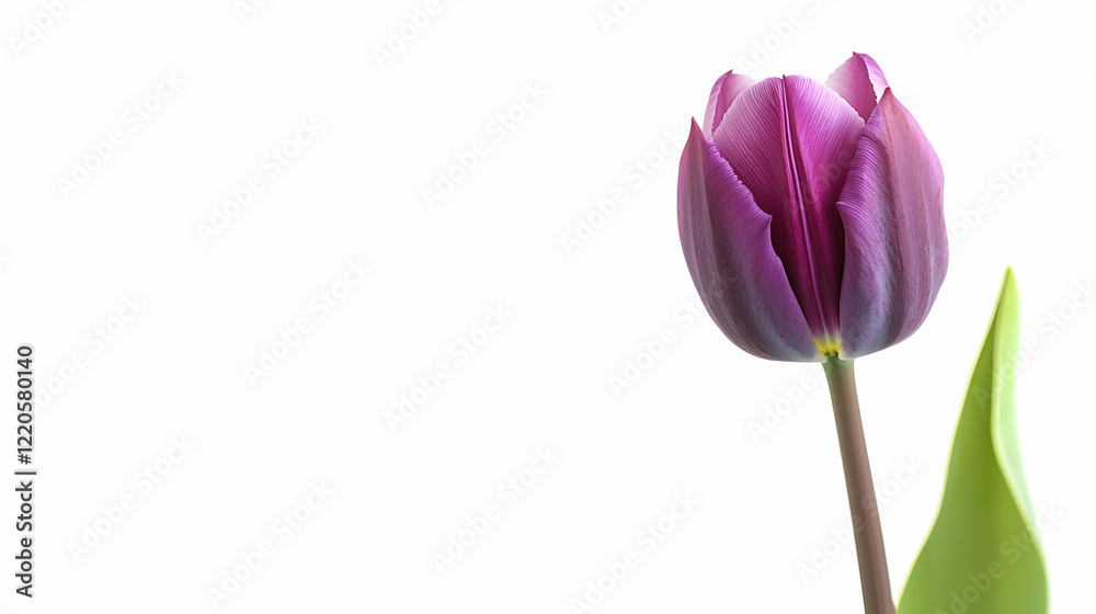Elegant purple tulip standing tall with copy space isolated on the white background Elegant purple tulip standing tall with copy space isolated on the white background