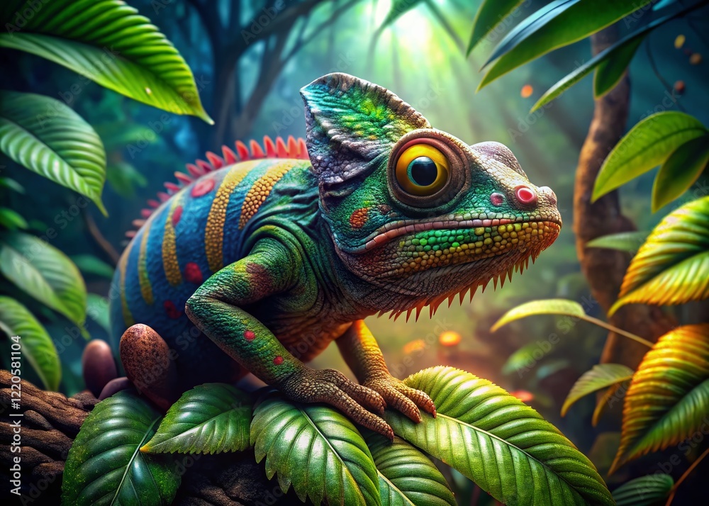 Obraz premium Aerial Drone Shot: 3D Pink and Green Chameleon, Fantasy Creature, CGI, Nature