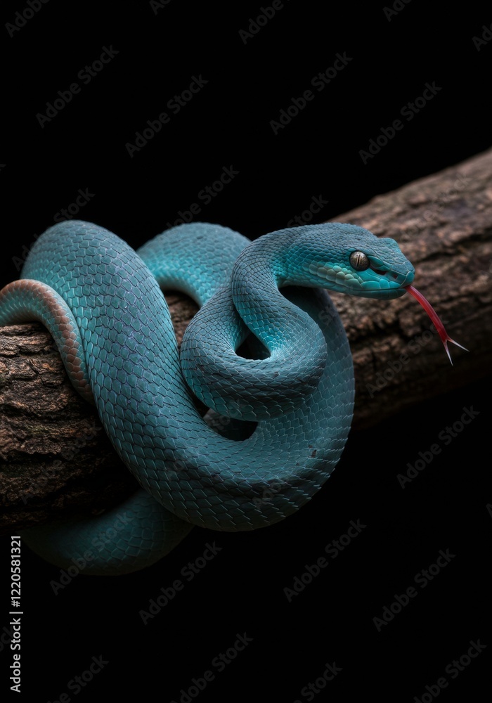 Fototapeta premium A close-up of a blue snake coiled on a dark tree branch