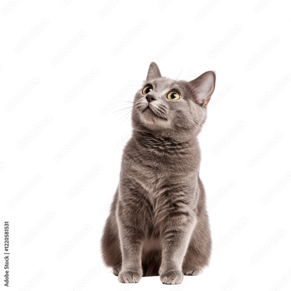 Fototapeta premium Playful Grey Cat Batting at a Floating Object in a Bright and Cheerful Setting, cut out
