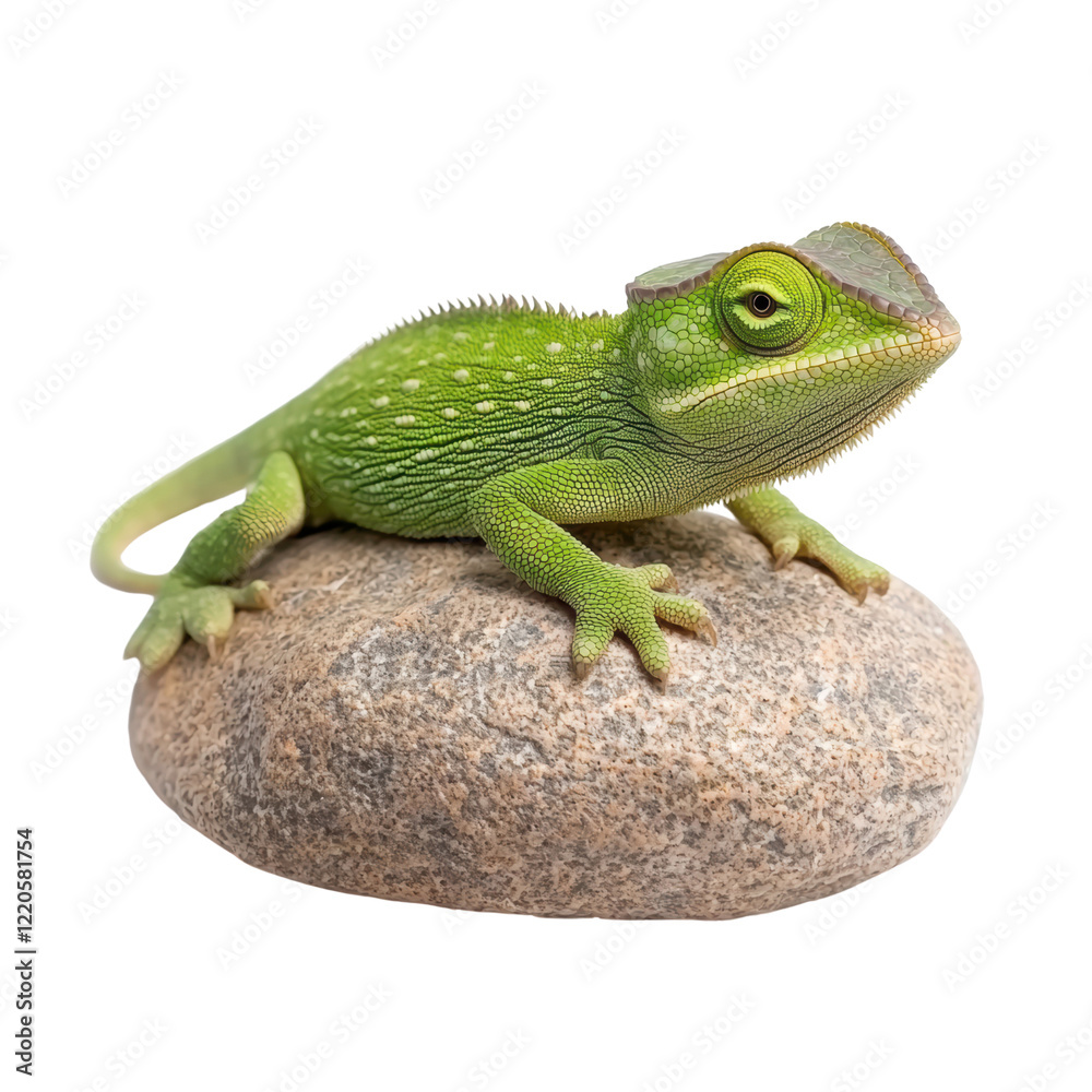 Fototapeta premium Green Chameleon Resting Calmly on a Natural Rock Surface in a Peaceful Environment, cut out