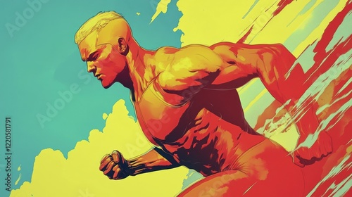 The appearance of an abstract art of a standing bodybuilder showing off his muscular curves and strength, with an active and attractive mix of colors