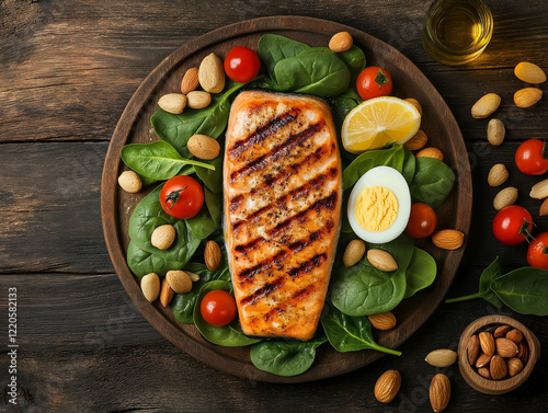 Grilled Keto Salmon with Spinach, Almonds, and Fresh Garnishes