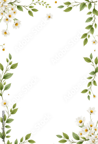 White flowers and green leaves border with transparent background