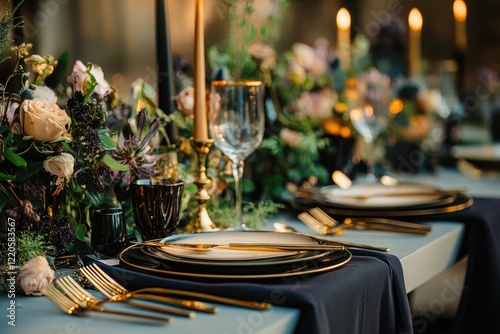 Elegant outdoor wedding table setting, candles, flowers