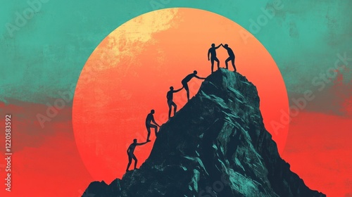 Silhouette of team members helping each other reach the top of a mountain, a concept illustration for success and strength in any business or life