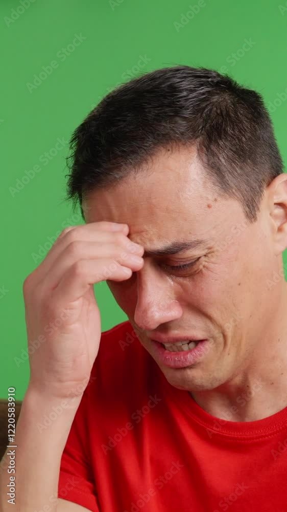 Sad man sitting on sofa, waiting for message on green screen Sad man sitting on sofa, waiting for message on green screen