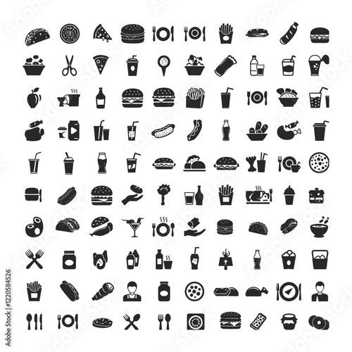 Fast Food Icon set Solid silhouette vector collection with white background 