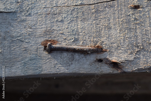  Old rusty nail sticking out of the ground, Broken and defective new metal nail closeup. Bent damaged product. Reject expendable material.