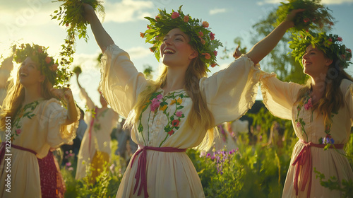 Women dancing in field, wearing floral wreaths at sunset.