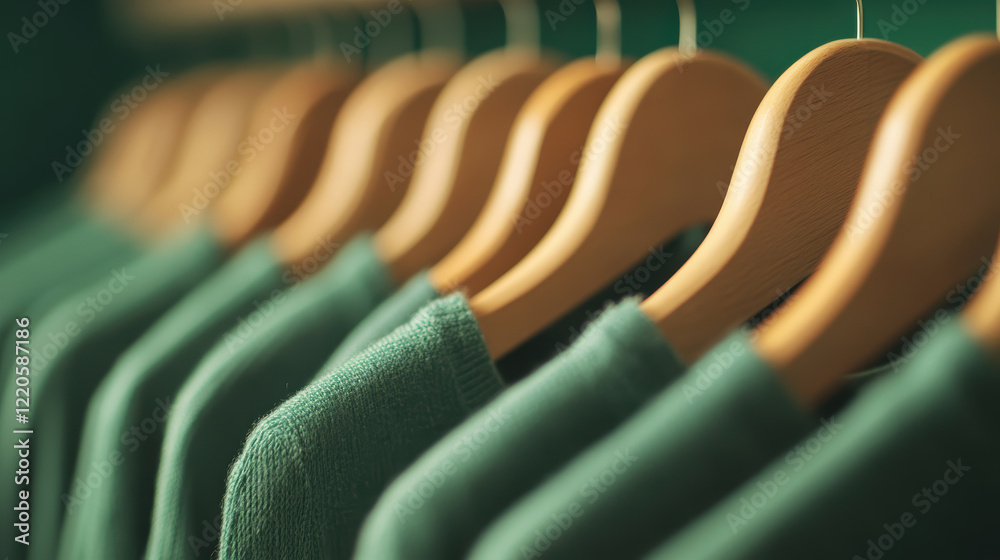 Obraz premium Cozy green sweaters neatly arranged on wooden hangers in a stylish wardrobe