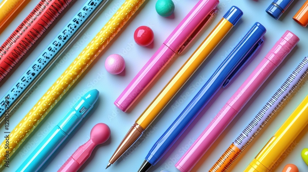 Obraz premium Colorful Pens and Small Spheres Arranged in Pattern