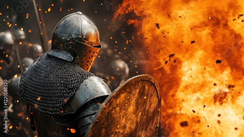 Soldier in armor with a helmet, holding his shield and ready to fight the army of soldiers behind him. The epic battle background features fire particles flying around