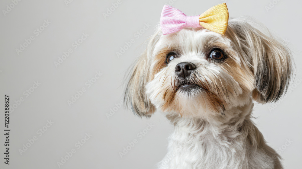 Adorable Shih Tzu with pink and yellow bow, looking curiously Adorable Shih Tzu with pink and yellow bow, looking curiously