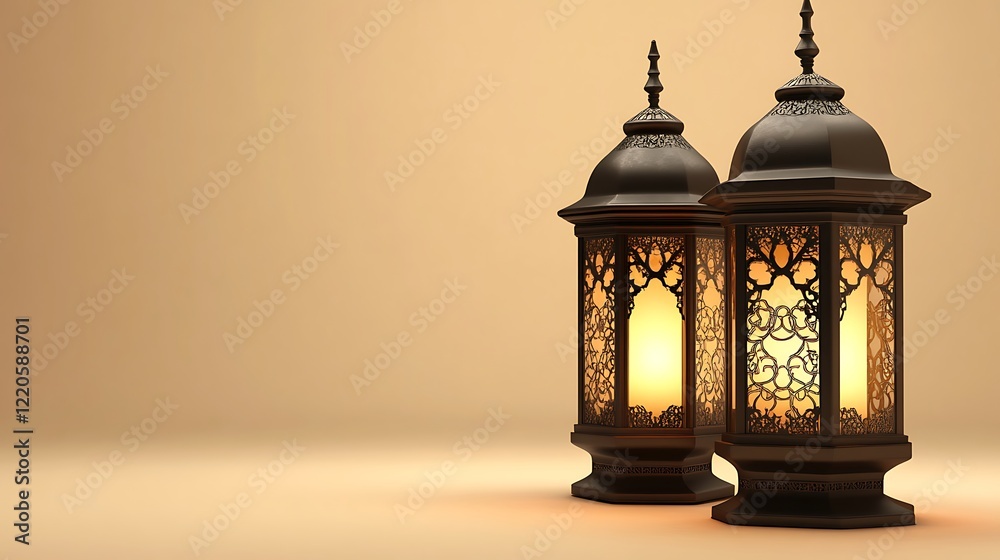 Two Ornate Illuminated Lanterns Stand on Beige Background Two Ornate Illuminated Lanterns Stand on Beige Background