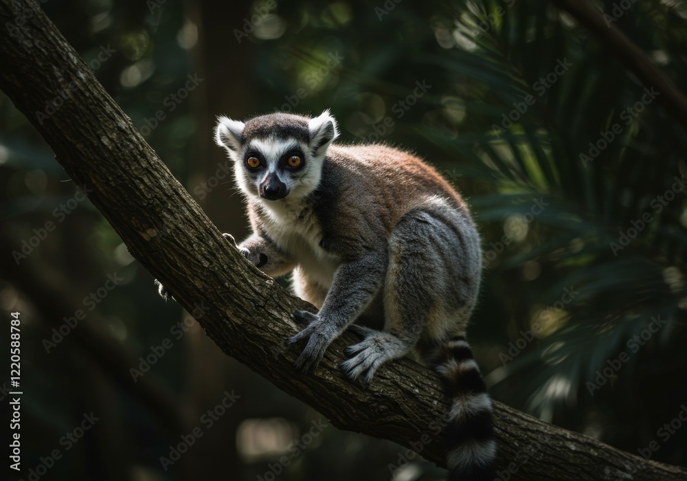 Obraz premium A lemur in a dark forest with a blurred background