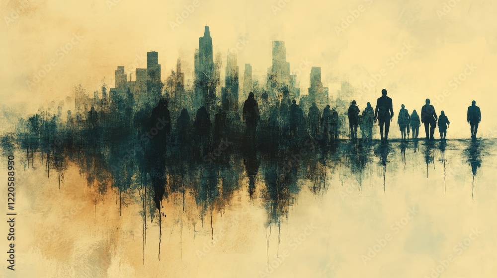 Fototapeta premium A Silhouetted Cityscape of Anonymous Figures Walking Towards a Distant Metropolis with a Painterly Texture and Neutral Tone