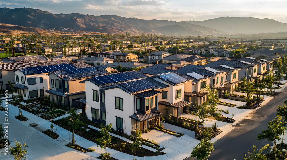 Fototapeta premium An eco-conscious residential community with homes powered by solar panels, designed for an energy-efficient and sustainable lifestyle.