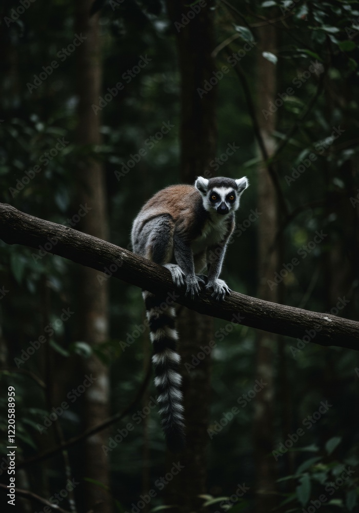 Fototapeta premium A lemur in a dark forest with a blurred background