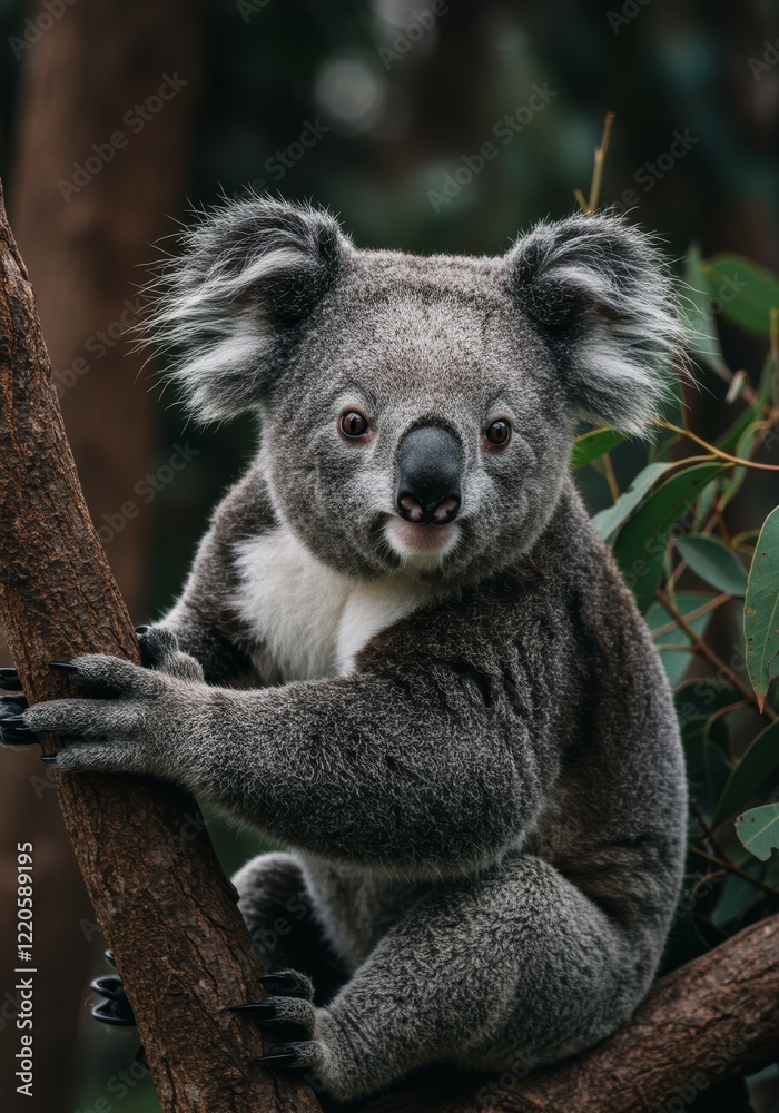 Obraz premium A koala in a dark forest with a blurred background