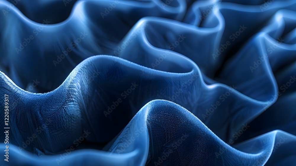 Obraz premium A hyper-realistic close-up of luxurious, deep blue velvet fabric, showing intricate folds, soft textures, and a subtle sheen that reflects light naturally. The material looks rich and detailed.