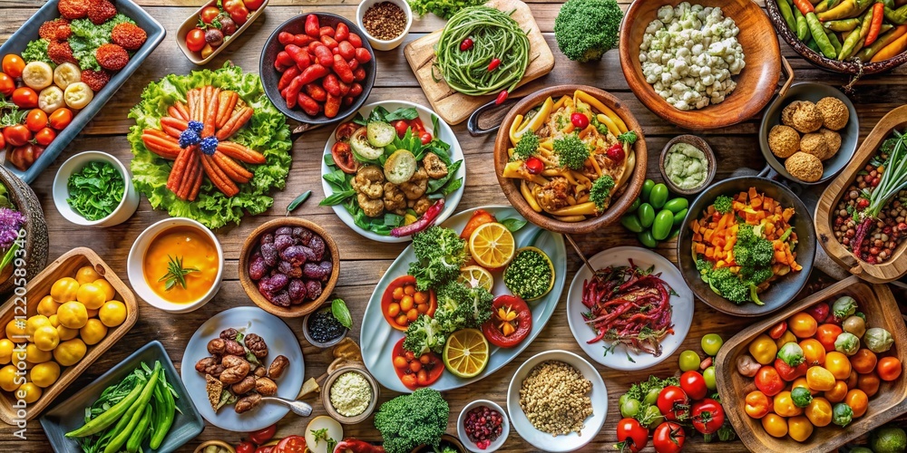 Aerial View of Abundant Buffet Table with Fresh Salads, Roasted Vegetables, and Gourmet Dishes Aerial View of Abundant Buffet Table with Fresh Salads, Roasted Vegetables, and Gourmet Dishes