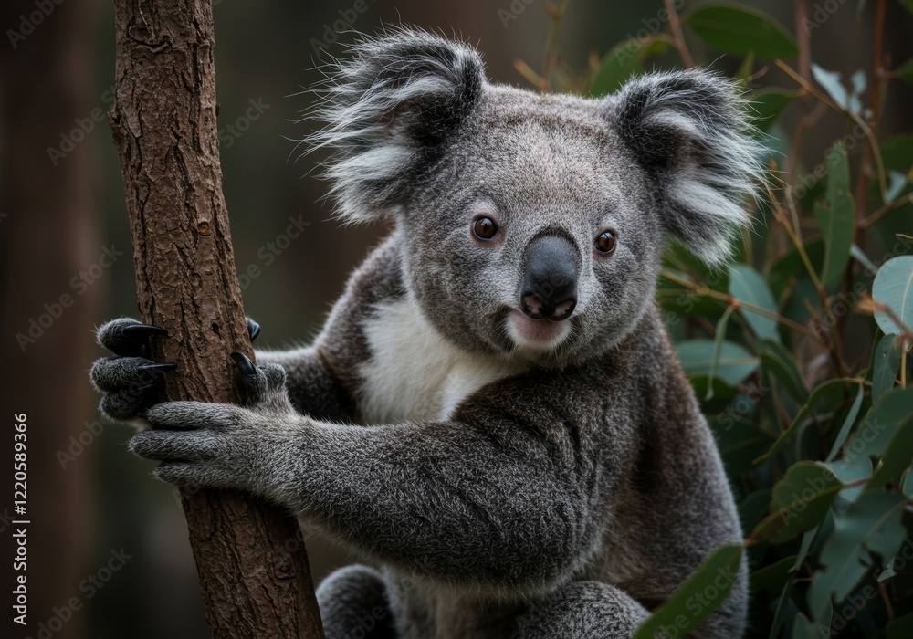 Fototapeta premium A koala in a dark forest with a blurred background
