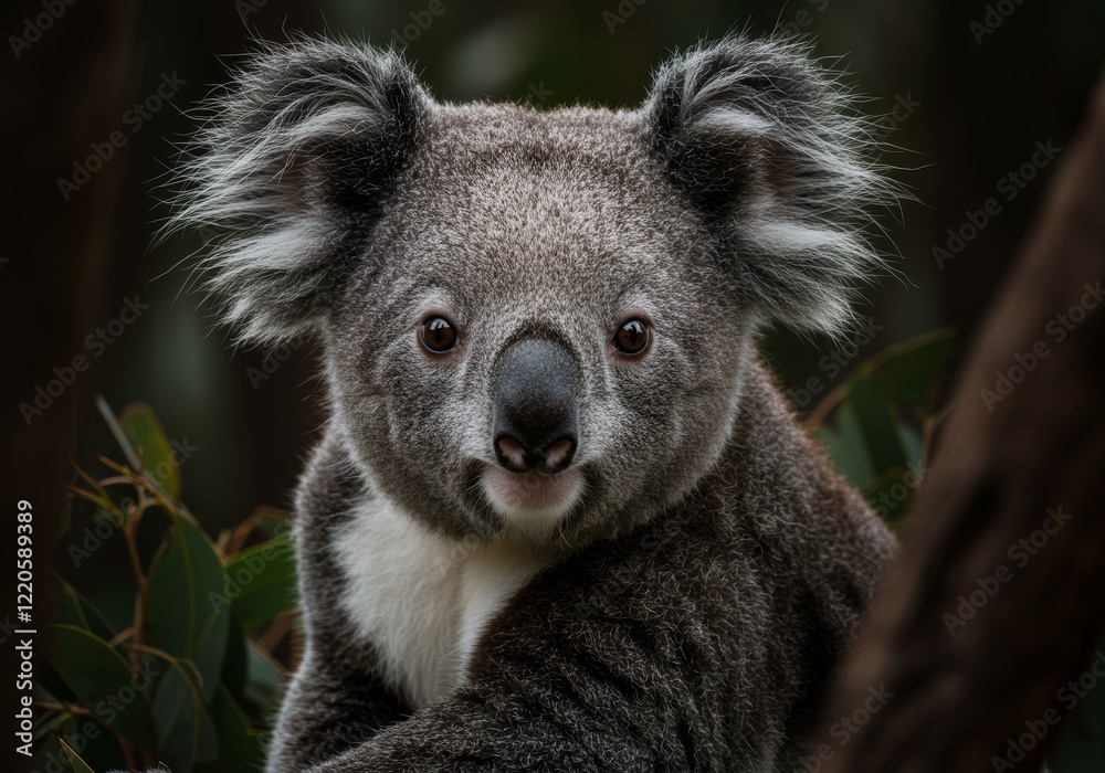 Naklejka premium A koala in a dark forest with a blurred background