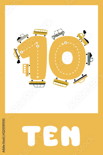 Learning numbers. Educational cards for children. Cute flashcards for preschool years and kindergarten kids. Numbers from 1 to 10. Vector illustration.
