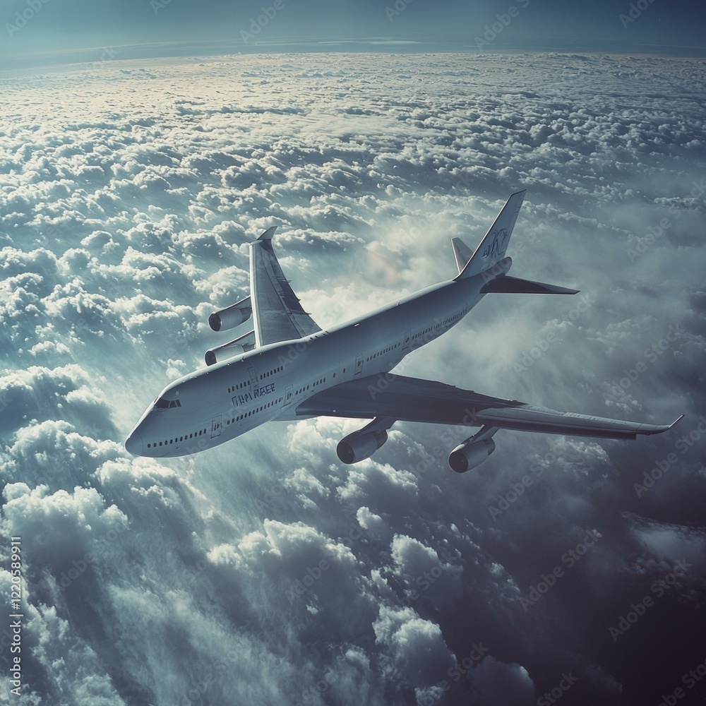 Fototapeta premium Boeing 747 soaring above cloud layers in tranquil sky