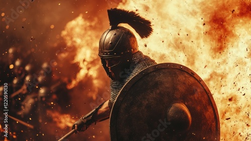 Soldier in armor with a helmet, holding his shield and ready to fight the army of soldiers behind him. The epic battle background features fire particles flying around