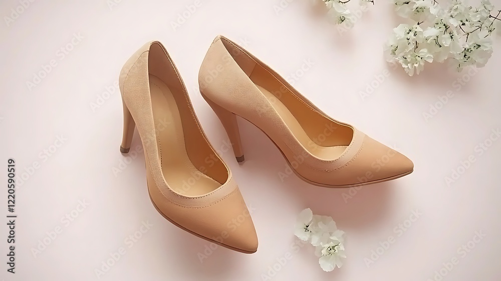 Obraz premium Beige heels, spring flowers, pink background. Lifestyle photo